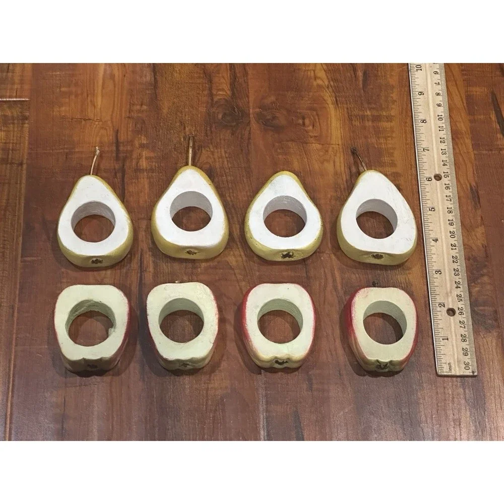 Set of (8) Vintage CRATE & BARREL Wooden Apples & Pears Napkin Rings
